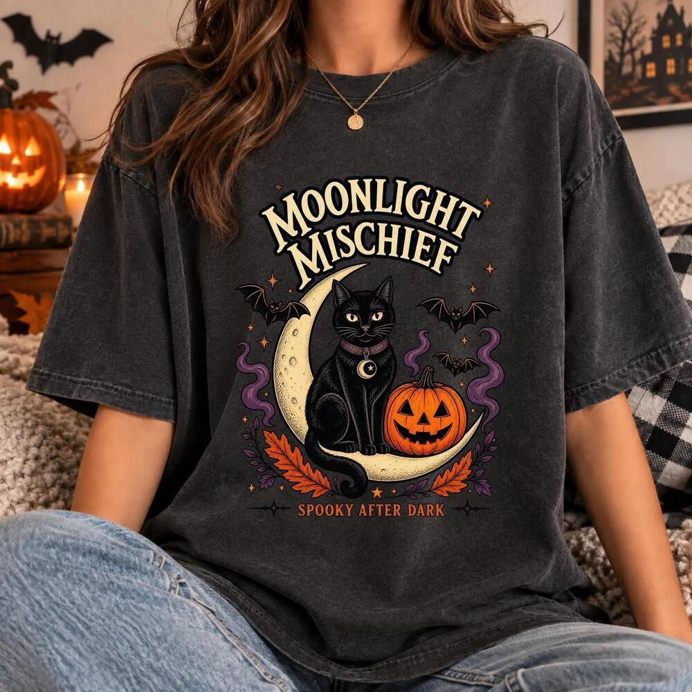 Black Cat Halloween T Shirt, Moonlight Mischief Shirt, Spooky Cat Pumpkin Tee
